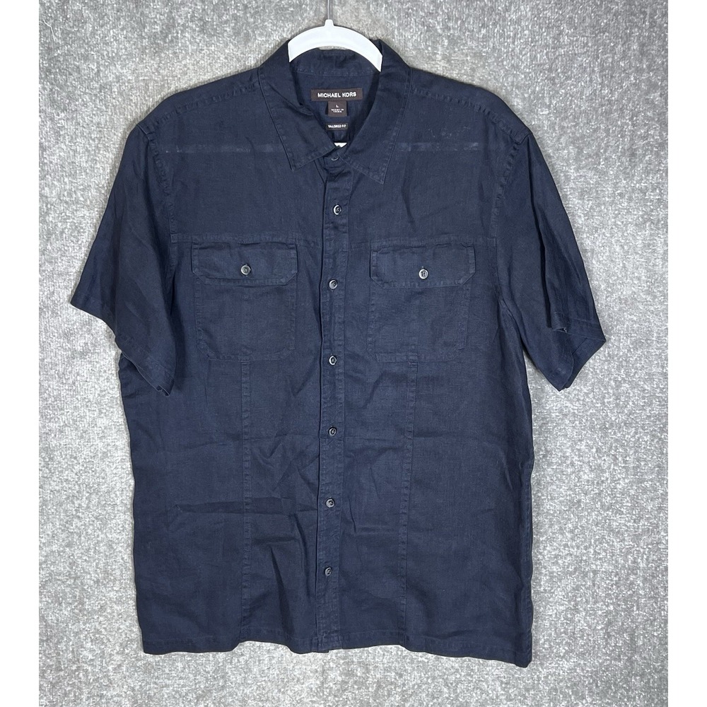 Michael Kors Linen Tailored Fit Button Up Shirt Mens Sz Large Navy Blue‎ Pockets